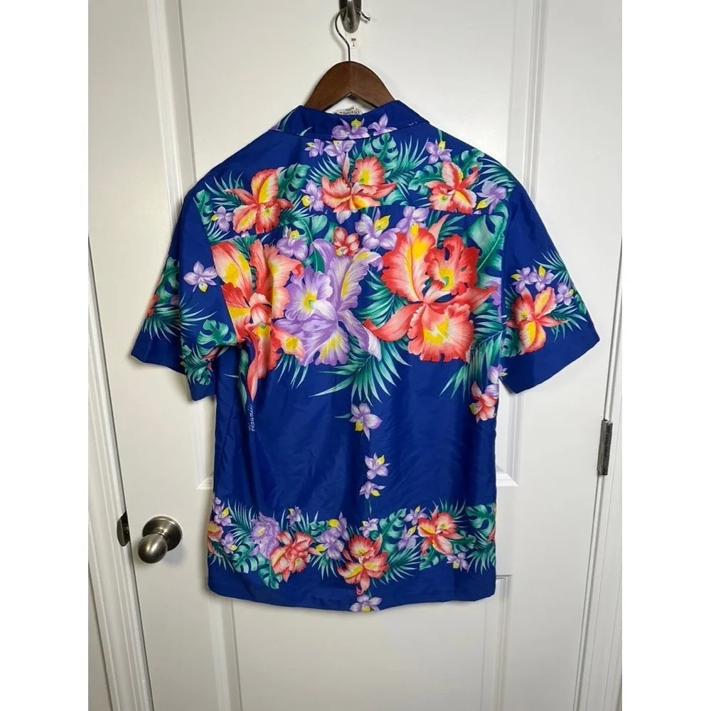 Royal Creations Hawaii Mens Blue Tropical Floral Hibiscus Shirt Size Medium